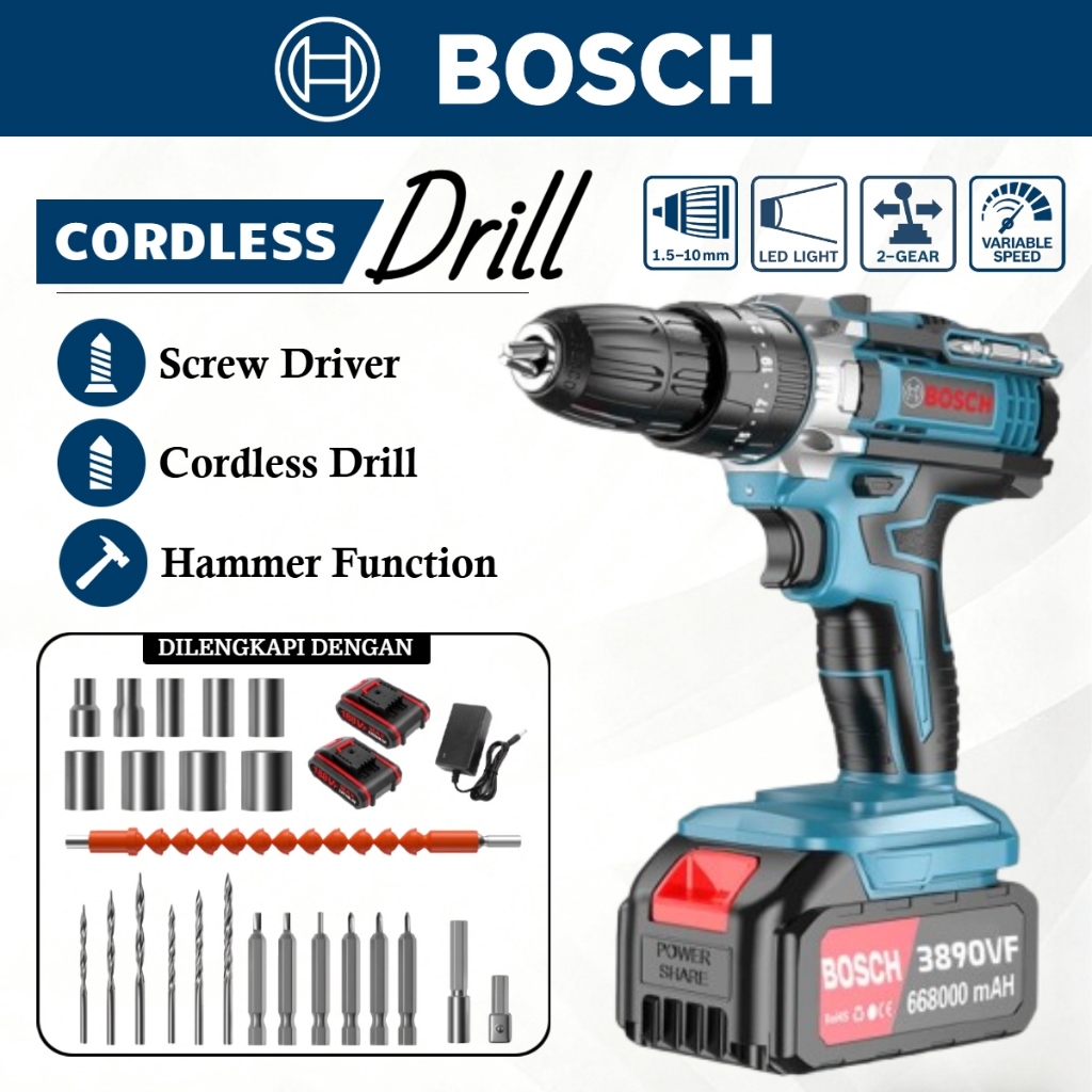 BOSCH Cordless Hand Drill / Bor Tembok Baterai (2 Set Baterai) - Bor Listrik Set Lengkap