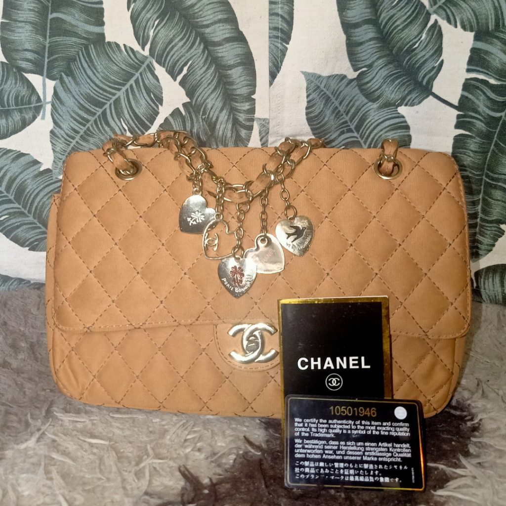 Chanel Medium Classic Double Flap Valentine Heart Charms Beige Suede Original