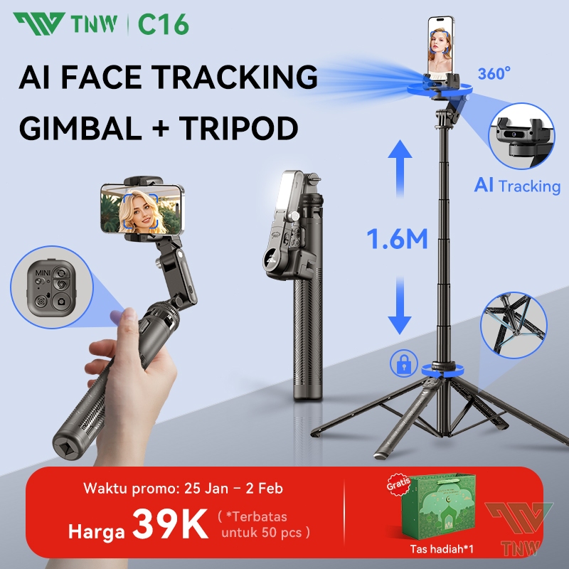 TNW C16 Multi-functional Auto Face Tracking Tripod AI Bluetooth Gimbal Stabilizer 360° Rotation Self