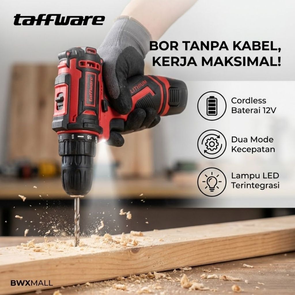 Taffware Bor Listrik Cordless 12V Baterai Lithium Mesin Bor Tangan Tanpa Kabel Electric Screwdriver 