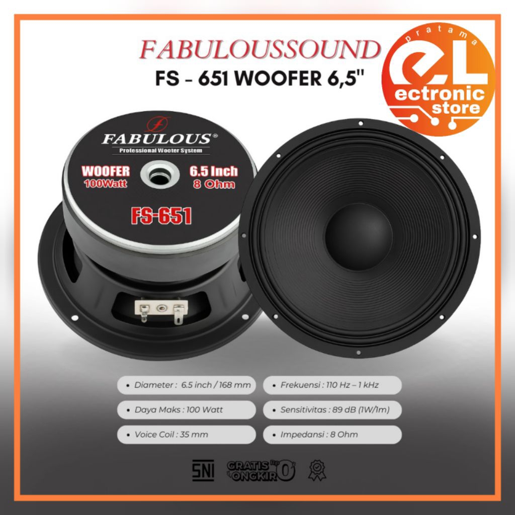 Speaker Subwoofer 6,5 Inch Fabulous sound FS 651 Komponen Audio Bass 100 watt