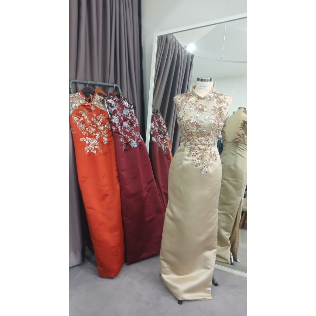 cheongsam dress gold, cheongsam tepai, cheongsam pesta