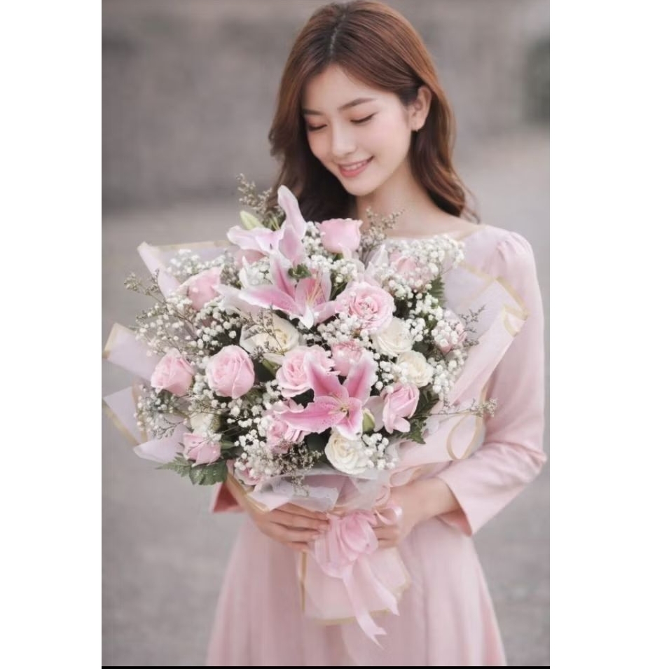 Buket hadiah valentine,ulang tahun,bunga asli bunga  mawar dan lily,cantik buat lamaran,jadian,anniv