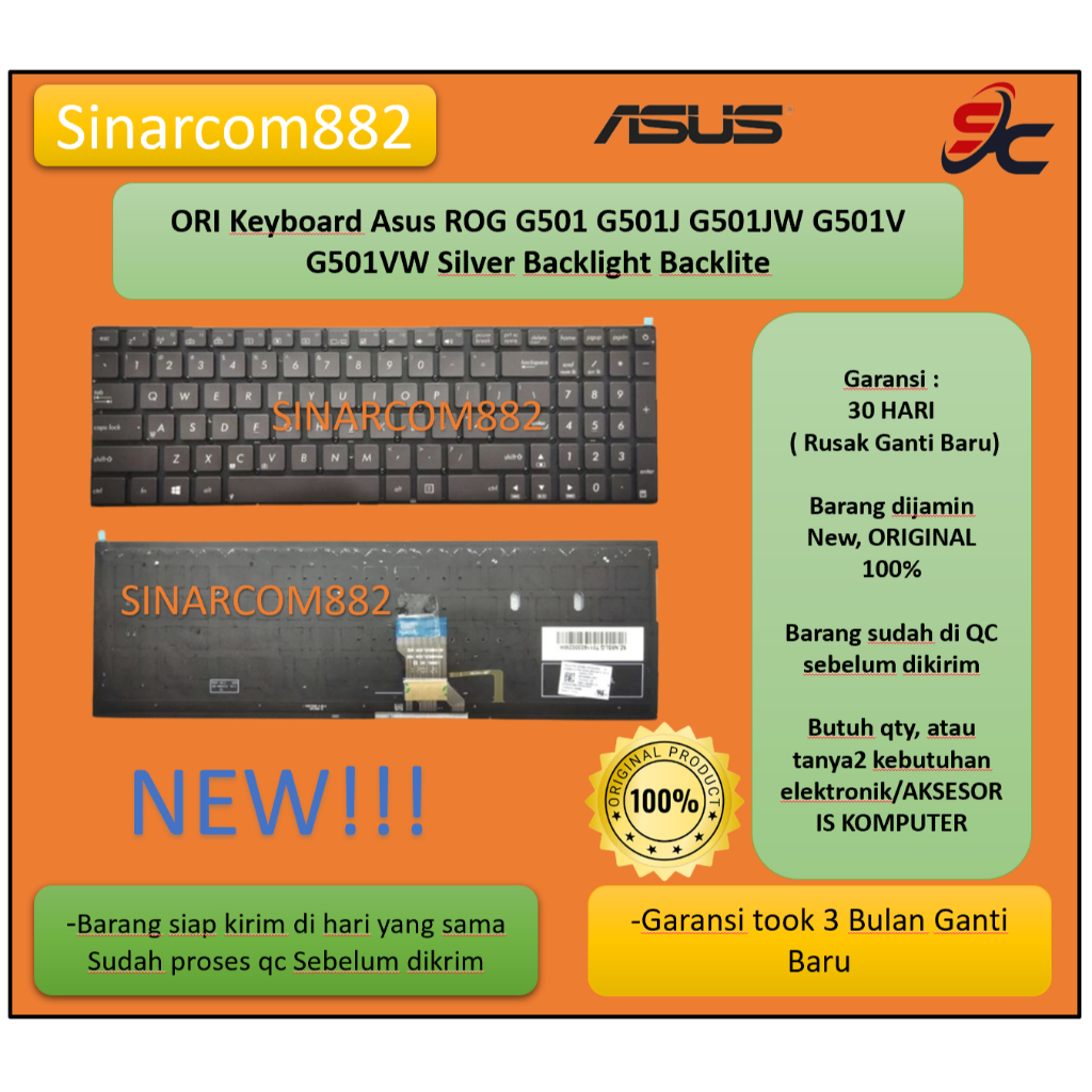 ORI Keyboard Asus ROG G501 G501J G501JW G501V G501VW Silver Backlight Backlite