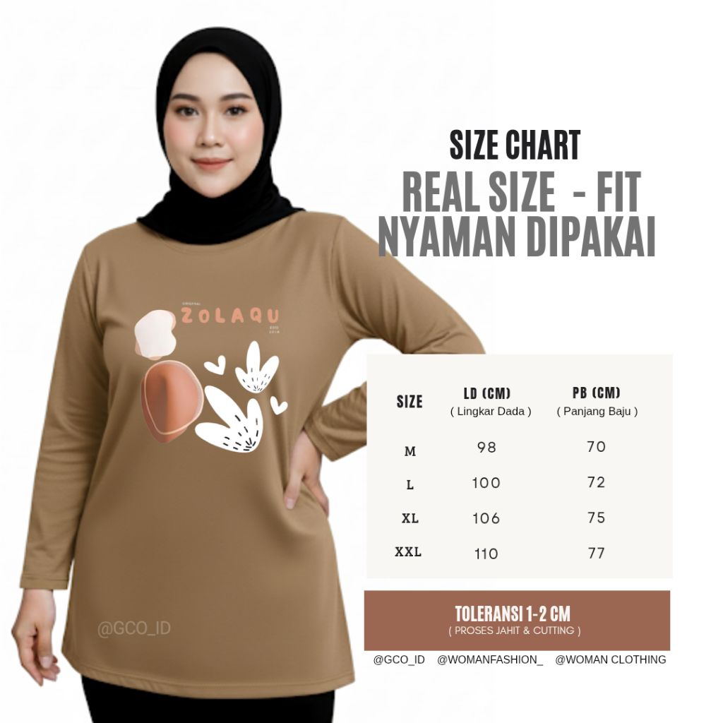 Kaos Harian Daily Wear Zolaqu Original 2026 Cokelat Katun Lengan Panjang Jumbo Korean Hijab Style