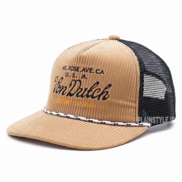 Topi Snapback Trucker Hat Corduroy Bordir Von Dutch Cream Unisex Dewasa Pria Wanita - PLAINSTYLE.ID