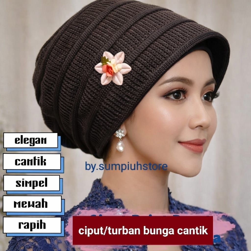 Ciput Turban Rajut  Bunga cantik Topi nenek | Inner Hijab Rajut Wanita | Ciput Rajut Anti Pusing & N