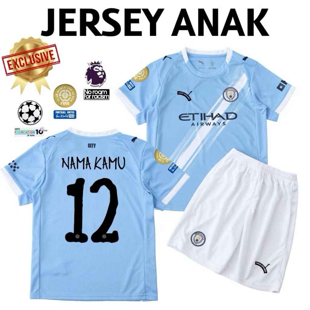 KIDS Jersey Manchester City Home 2025 2026 - Jersey Anak Man City Grade Original