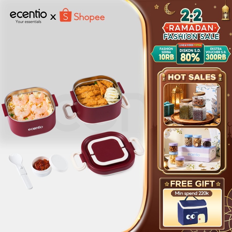 ecentio Kotak bekal bulat stainless steel Double layer 650ml+650ml Lunch box Wadah makan Bento Kapas