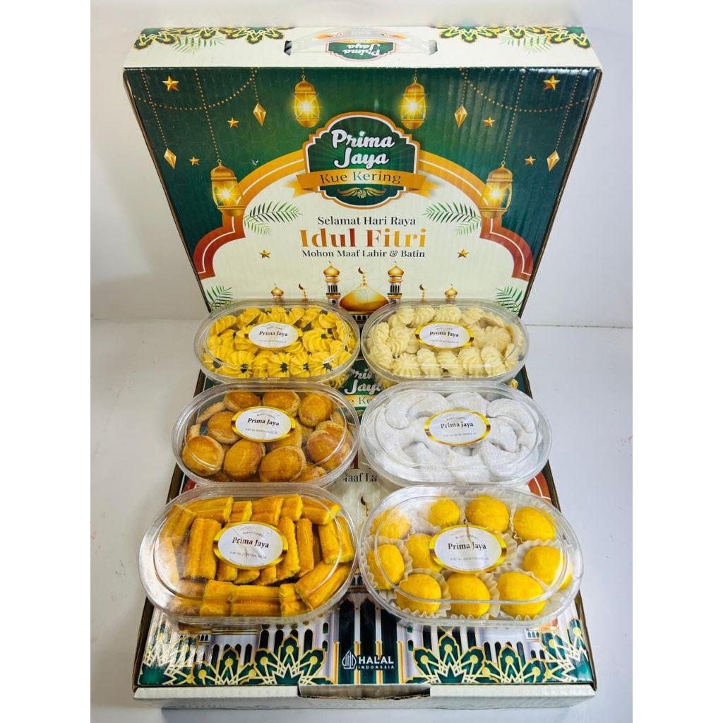 PAKETAN BOX KUE KERING LEBARAN ISI 6 TOPLES PRIMA JAYA HAMPERS PARSEL KUE LEBARAN IDUL FITRI TERMURA
