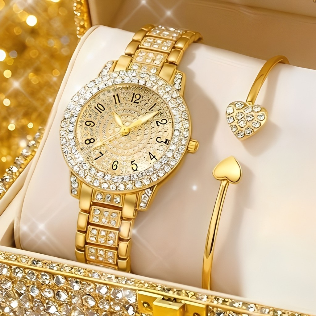 Jam Tangan + Gelang Jam Tangan Kuarsa Wanita Dengan Inlay Berlian Gelang Jantung Jam Tangan Wanita