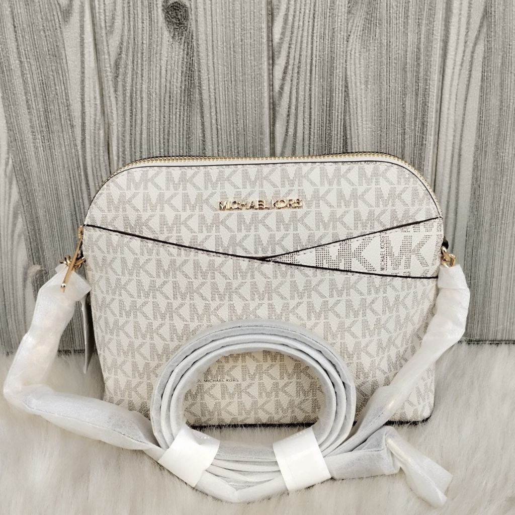 mk Jet Set Signature Medium Dome Crossbody Vanilla