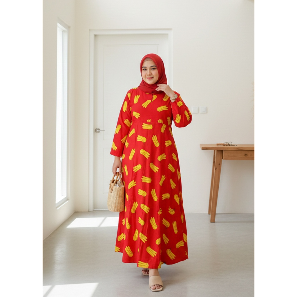 Gamis Katun Merah Motif Banana