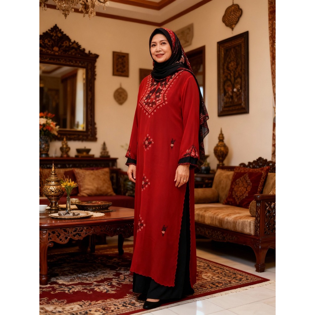 Gamis Sifon Merah Kombinasi Motif Bordir