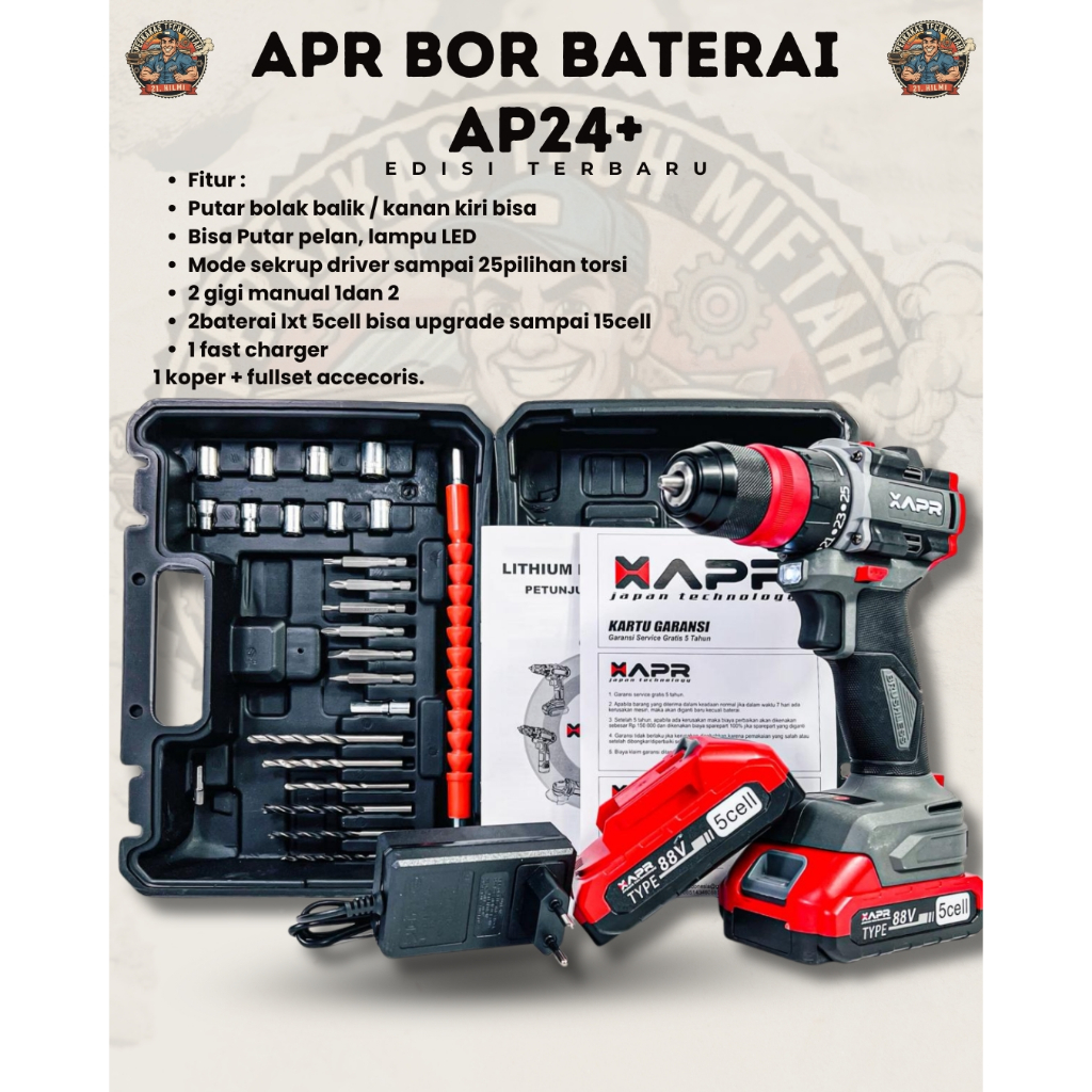 BOR CORDLESS APR JAPAN AP24+ GARANSI RESMI BOR CORDLESS IMPACT DRILL 3 MODE