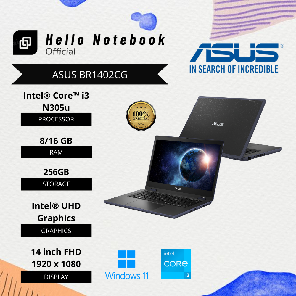 Laptop Baru Asus BR1402 Intel Core i3 N305 (8cpus, up to 3.8GHz) SSD