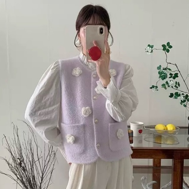 VEST TOP ROMPI WINTER BULU BUNGA KNIT FLOWER (VEST ONLY, TIDAK TERMASUK DALAMAN) MX450