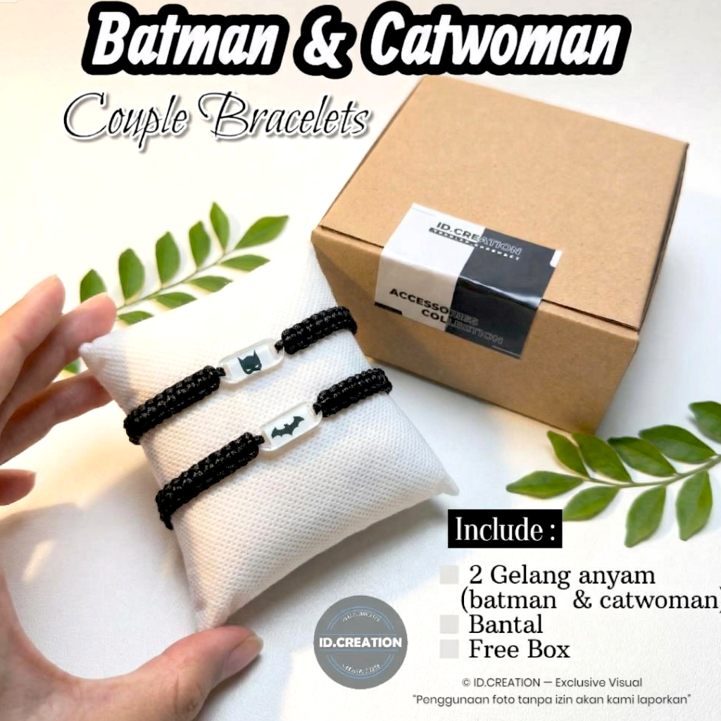 Gelang Couple Batman & Catwoman Putih - Tali Korea Hitam Tipe Anyam Waterproof Free Box (2 Pcs)