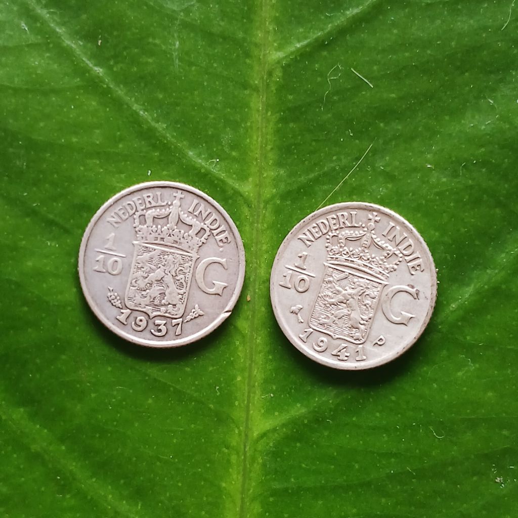 Koleksi 2 Biji Koin Perak Kuno Nederland Indie 1/10 Gulden