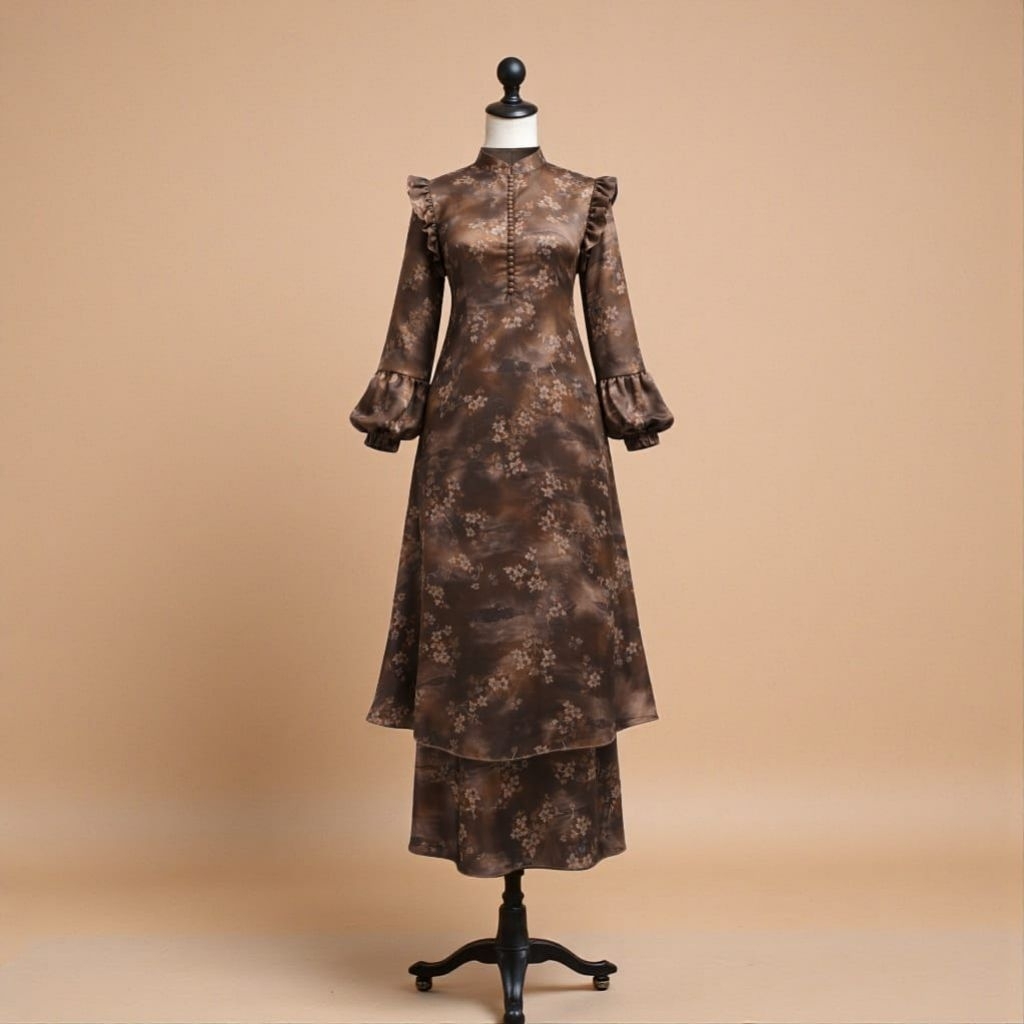 Set Baju Malaysia 1 Set Tunik & Rok A-Line | Santroni Motif Bunga | Elegan