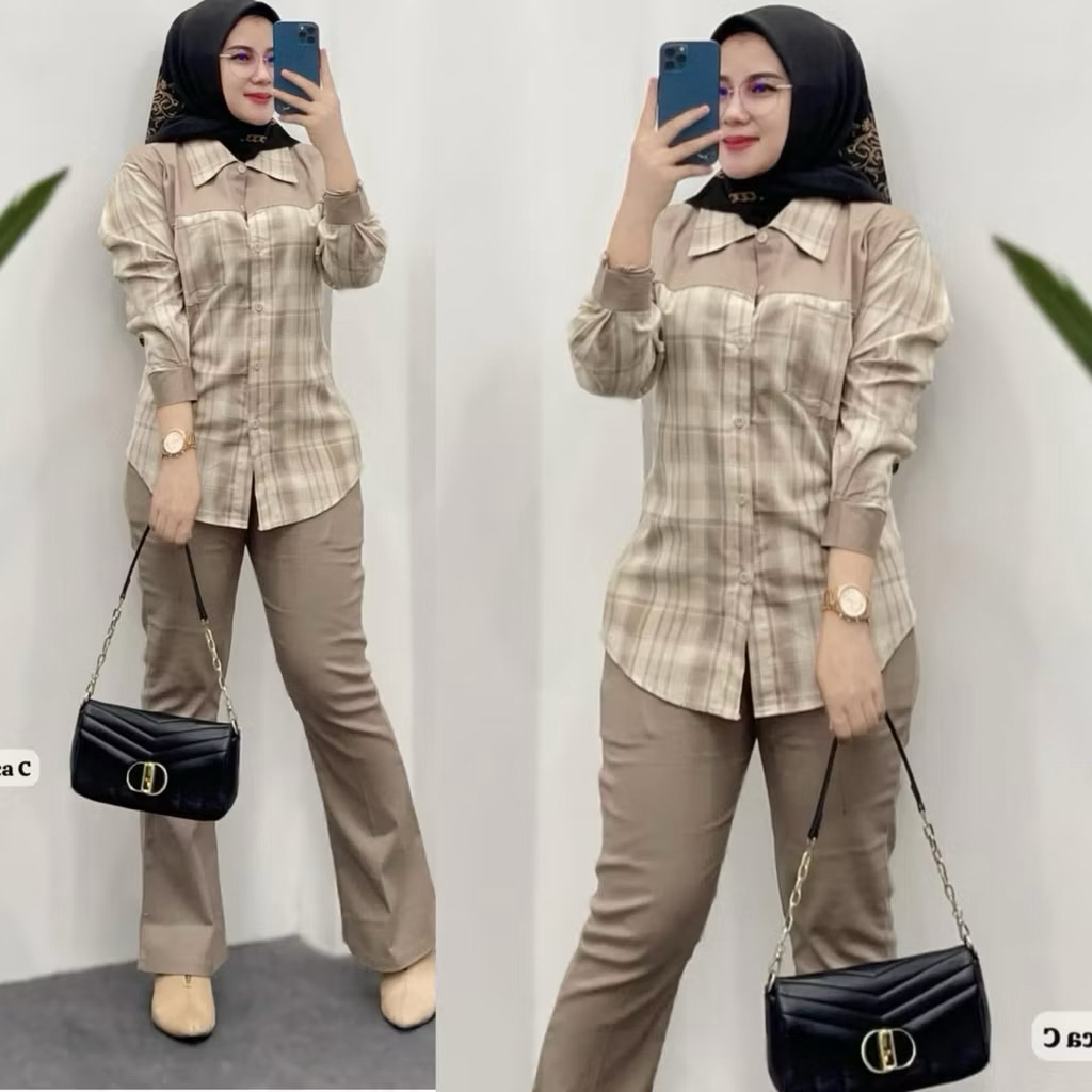 Alda Set setelan wanita atasan kemeja Katun import + celana chinos premium (BB MAX 58)