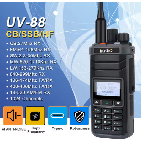 Iradio UV-88 Multi Band Ham Radio HF UHF VHF Walkie Talkie AM USB LSB CW CB LW MW SW SSB RX 1024Ch U