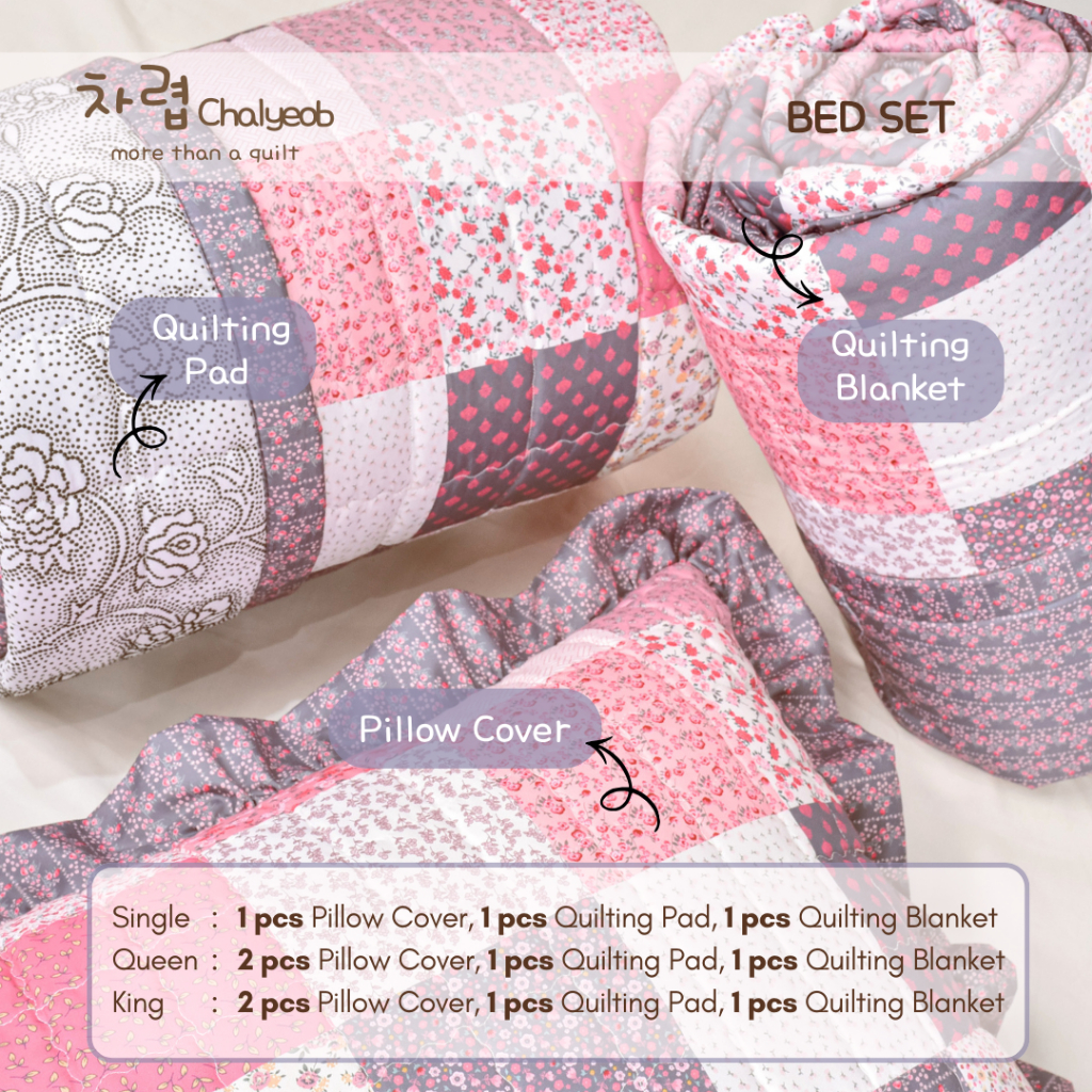 Chalyeob Quilting Ruby Bed Set Korean Style– Blanket Pad Pillow Cover Estetik Motif Trendy (Patchwor
