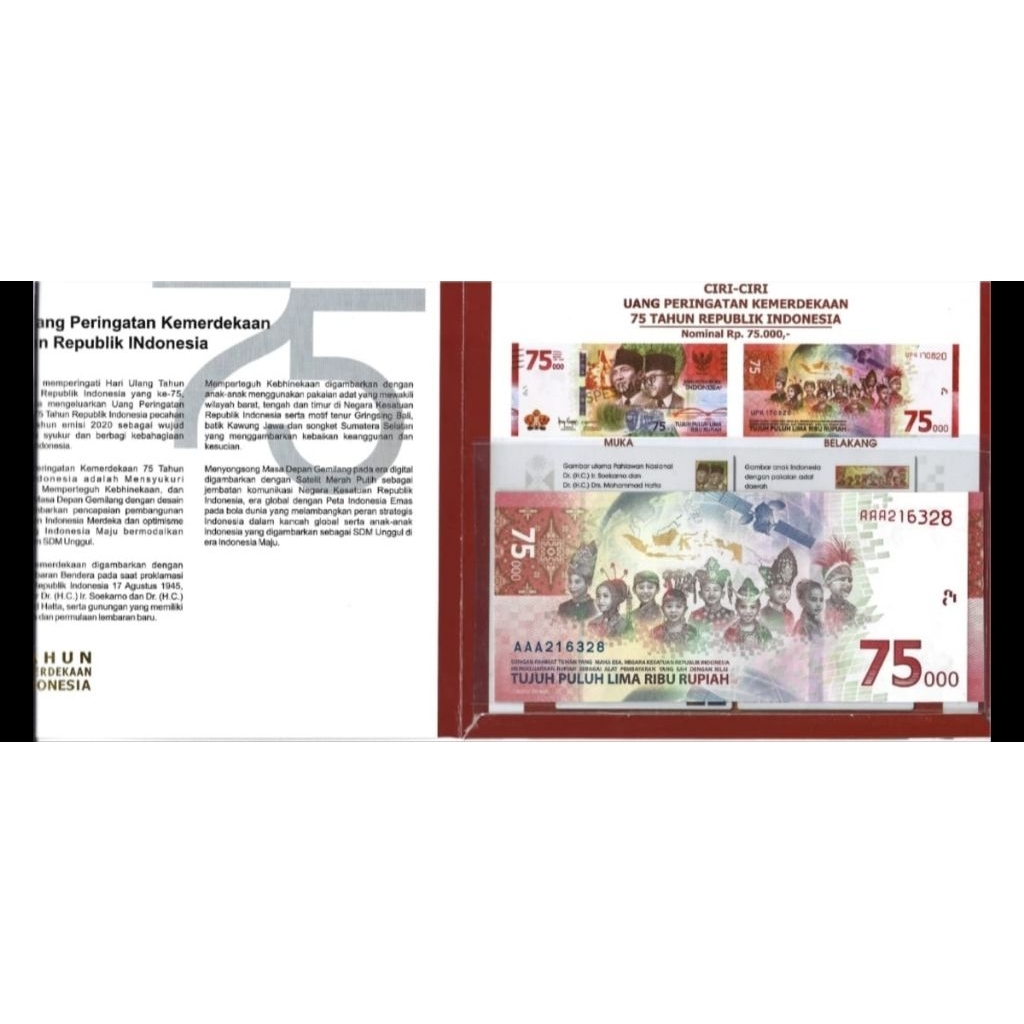 Indonesia  75.000 Rupiah Soekarno Hatta 2020 With Folder Serial#AAA 216328