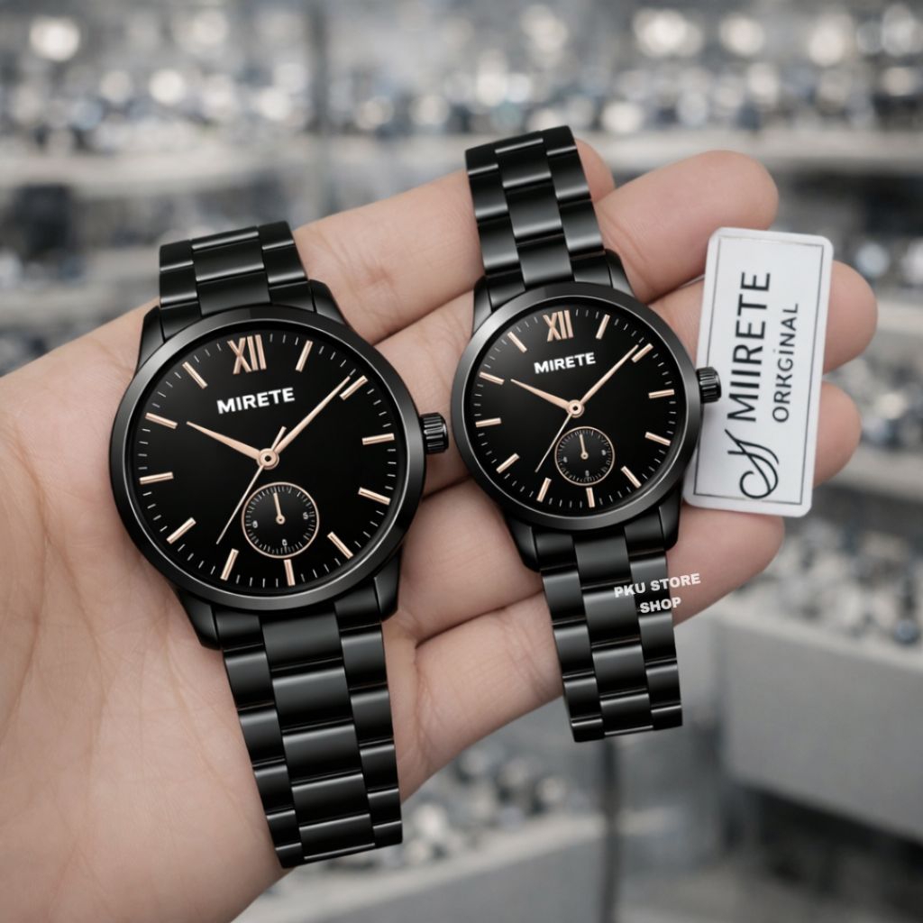 Jam Tangan Couple MIRETE Original Tahan Air | Stainless Steel Hitam | Jam Pria & Wanita Elegan