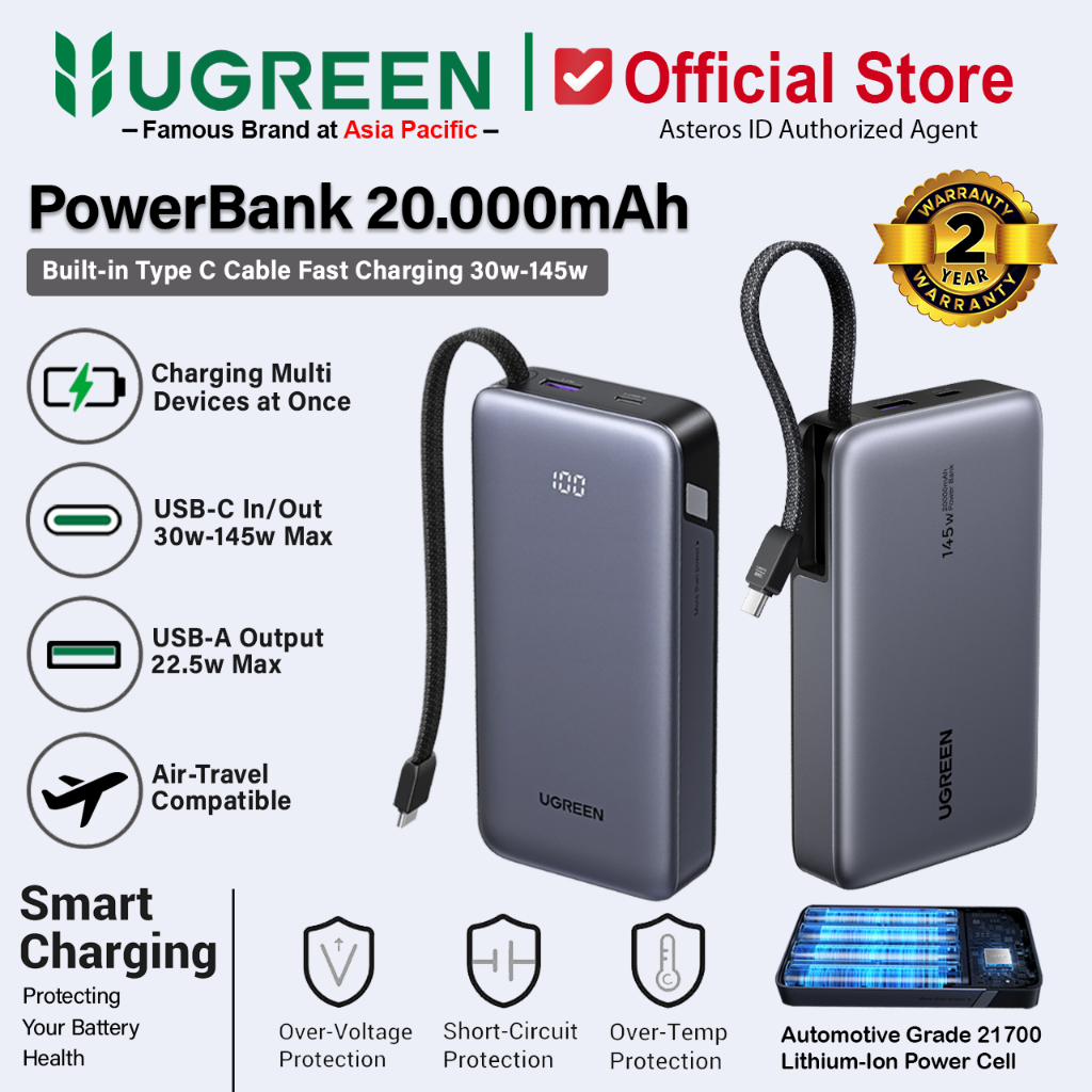 UGREEN Power Bank Built-in Retractable Cable 20.000mAh PD Fast Charging 30w 45w 67W 145w Digital Dis