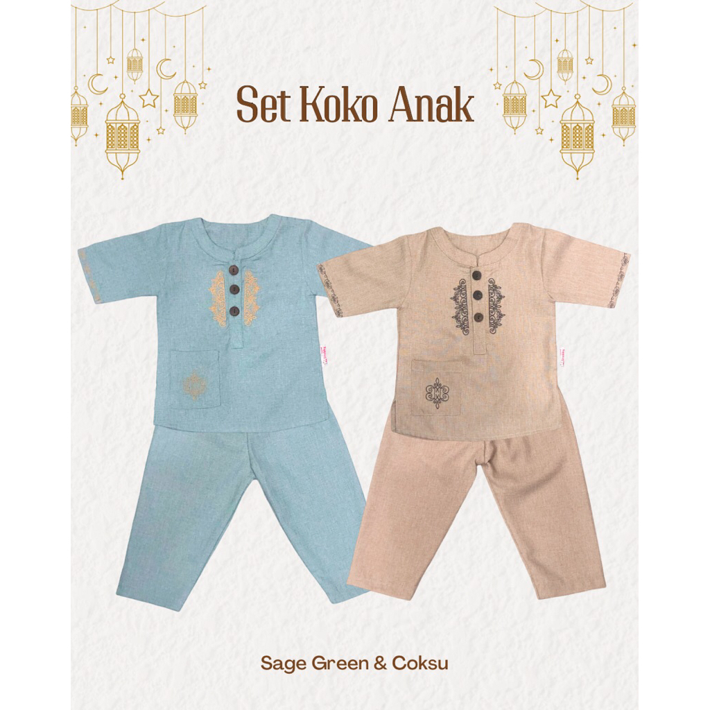 Set Koko Anak Bordir Hijau Sage & Coksu