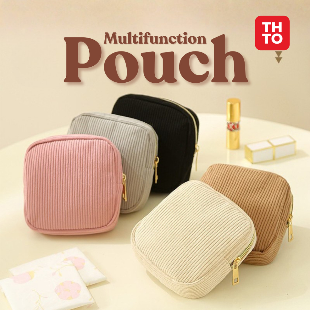THTO Tinkle Pouch Kotak Multifungsi Corduroy Organisasi Makeup Skincare 13x13x4cm Pastel A250