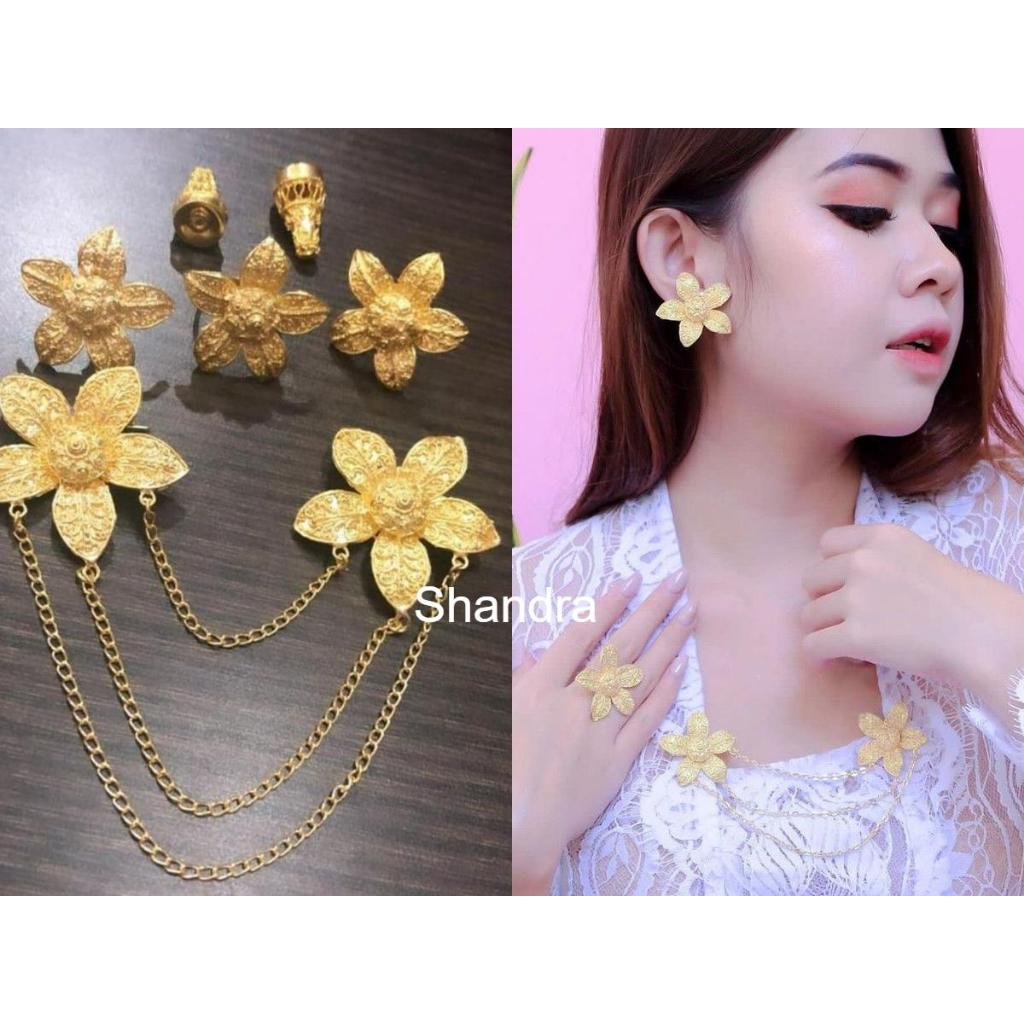 Shandra Bali - Set Bros Kancing / Peniti Model Bunga Jepun Kamboja Alpaka Warna Emas dan Perak Bakar