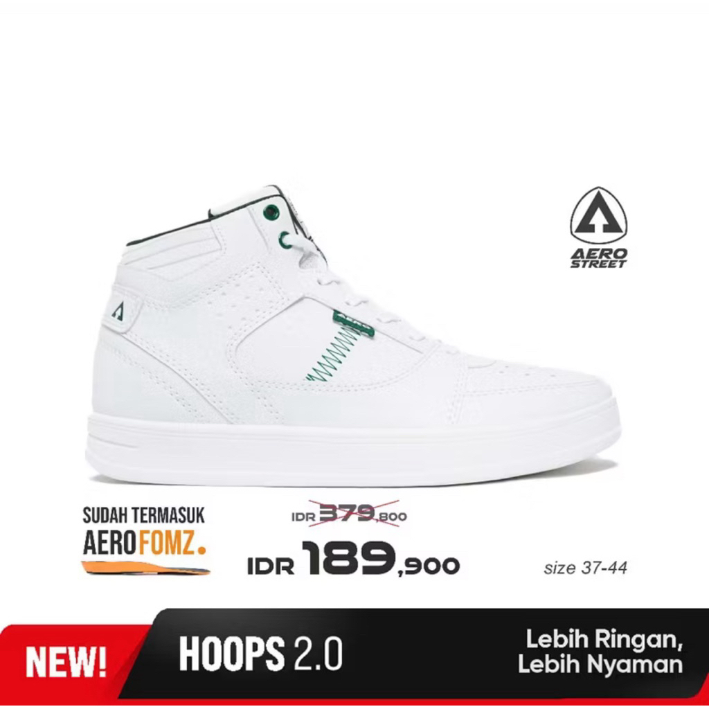 Aerostreet 37-44 Hoops High 2.0 Putih Putih Hijau Tua - Sepatu Sneakers Casual