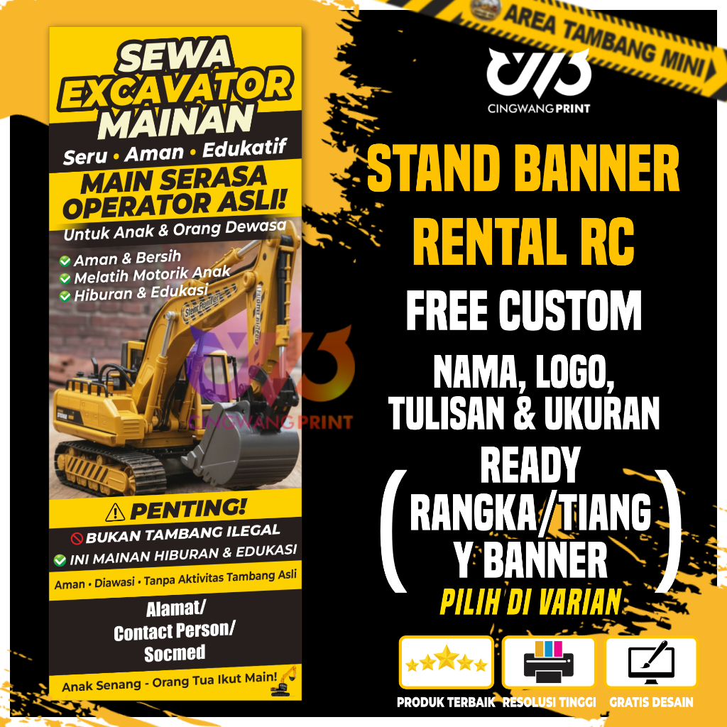 X Banner Rental RC Excavator Mobil Offroad Y Banner Spanduk Sewa Remote Control Lengkap Tiang Rangka