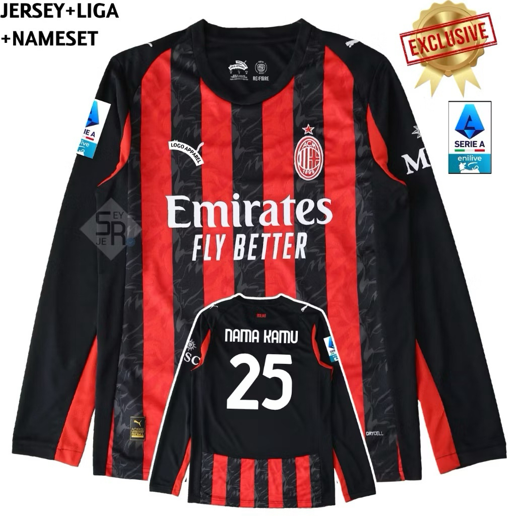Jersey Ac Milan Home Longsleeve 2025 2026 - Jersey Milan Lengan Panjang Grade Original