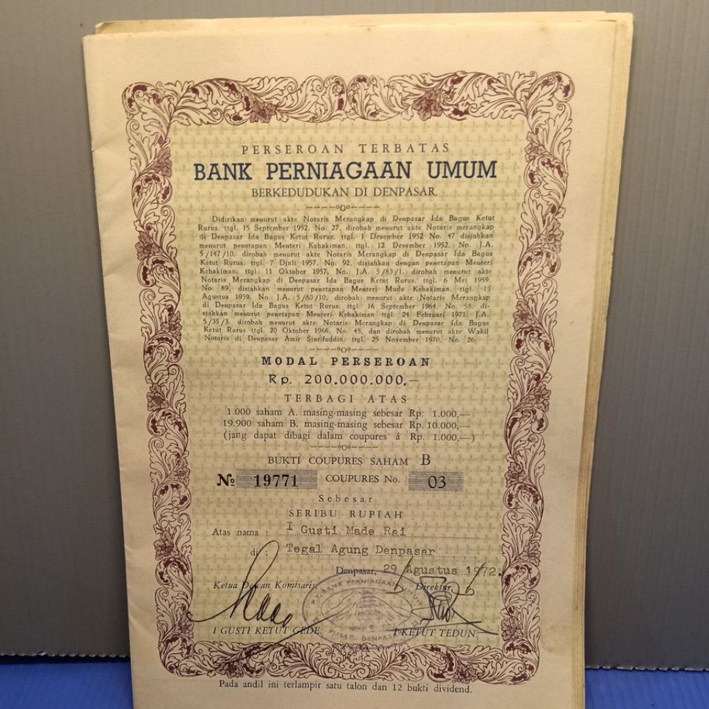 jual dokumen lama jadul obligasi bank perniagaan umum