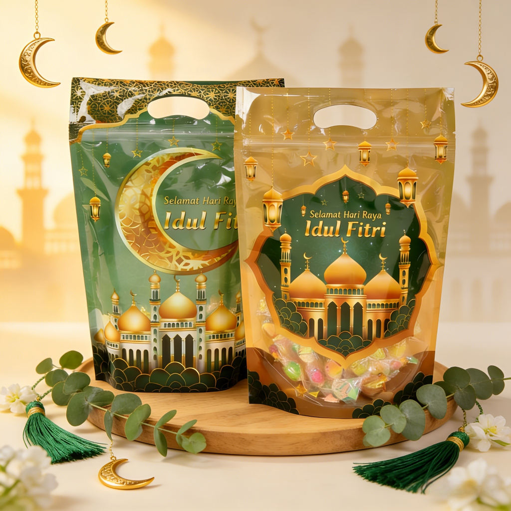 Tas Souvenir Lebaran Hijau Emas Motif Masjid 25Pcs Plastik Kantong Ziplock Berdiri Bingkisan Idul Fi