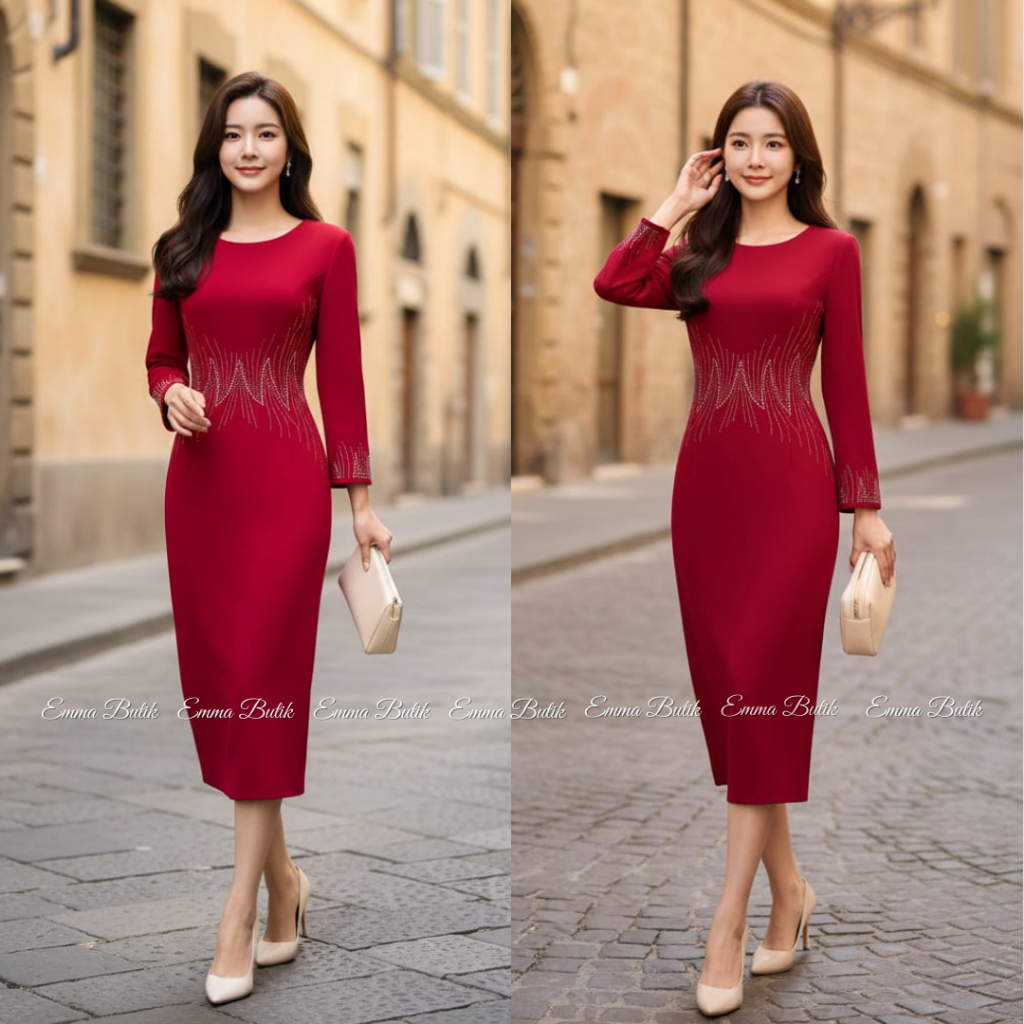 Emma.Butik E00687 Gaun Merah Imlek Midi Dress Pesta Loma Manik Kondangan Gereja Formal Lengan Panjan