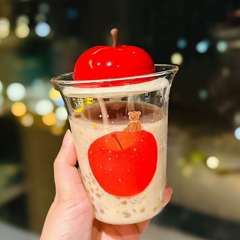 99KHOME Premium Gelas Kaca Korea Aesthetic Apple Cup Tutup Lucu Sedotan Gelas Minum Kopi Susu Style 