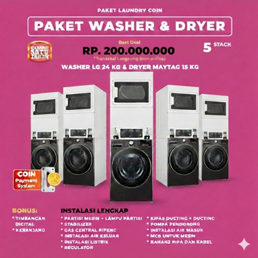 Paket Mesin Laundry Koin 5 set Stack Mesin Cuci LG 24kg & Mesin Pengering Maytag 15kg