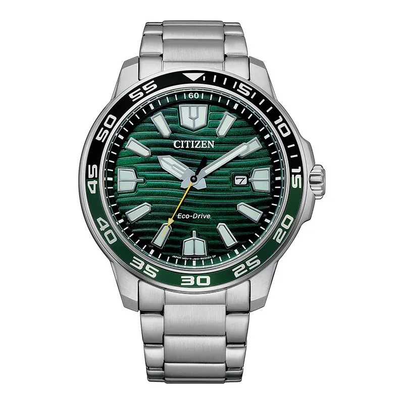 Jam Tangan CITIZEN Eco-Drive Pria Original CTZ AW1526-89X Green Pattern Dial Stainless Steel Strap