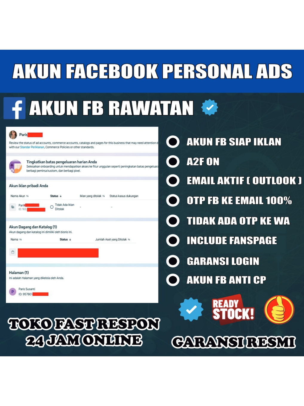 Akun FB Siap Iklan Bergaransi FB Ads Rawatan + Otp Email Aktif ( BIsa Ganti Password )