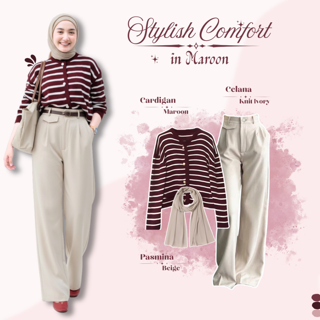 One Set Cardigan Rajut Stripe Set 3in1 (Celana Oro + Cardigan Rajut + Pasmina) Outfit Wanita Kekinia