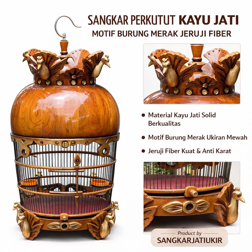 Sangkar Perkutut Kayu Jati Ukir Mahkota Burung Merak | Jeruji Fiber | Kandang Perkutut Premium