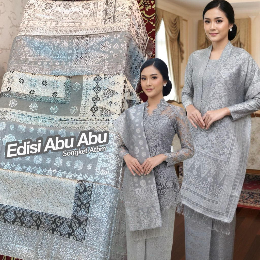 NEW Songket Tenun Lepus Rakam Abu Abu Silver /Songket Atbm /Songket Tenun Mesin Palembang