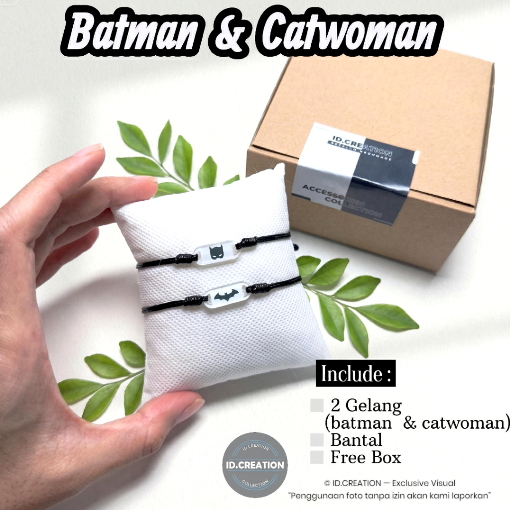 Gelang Couple Batman & Catwoman Putih - Tali Korea Hitam Tipe Serut Waterproof Free Box (2 Pcs)
