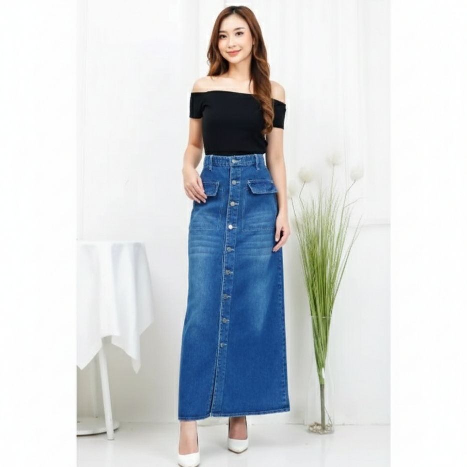 Rok Jeans Panjang Wanita Premium Highwaist Rok Jeans Kancing Panjang