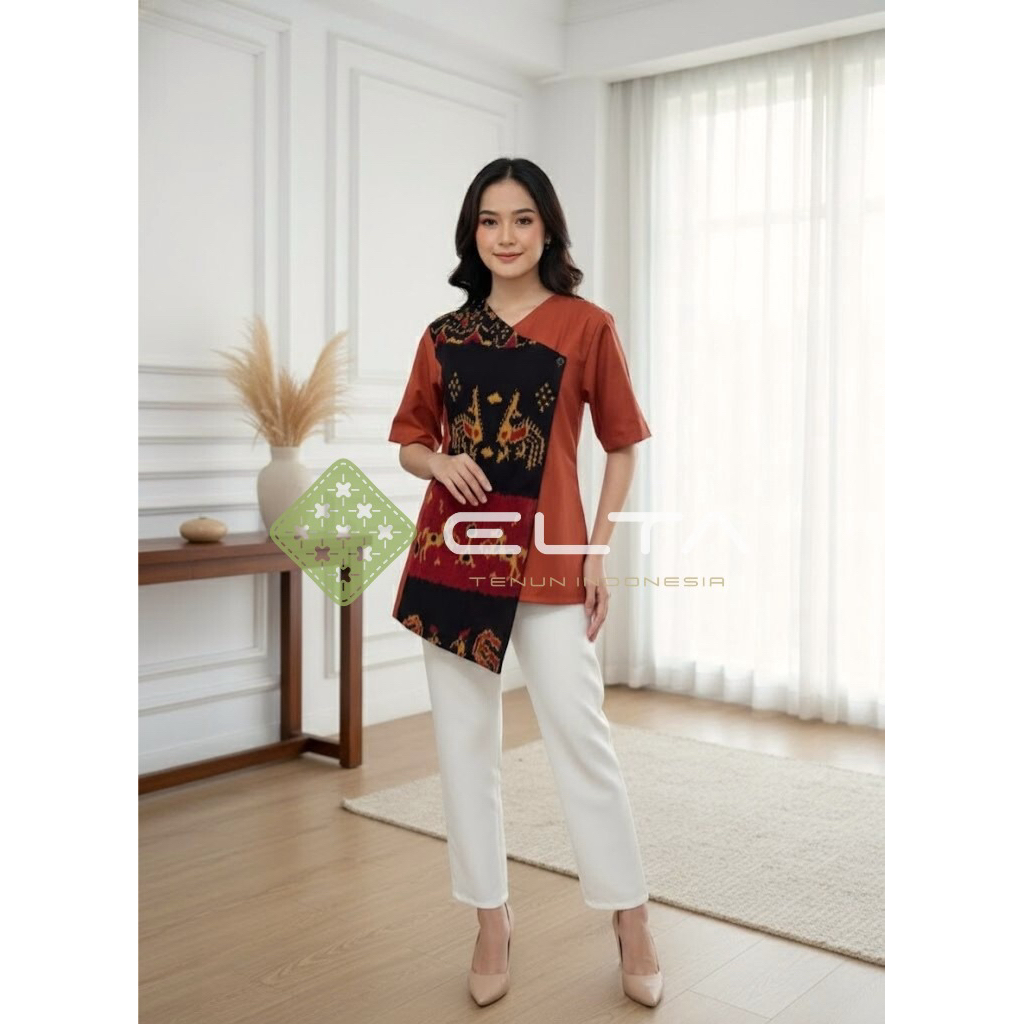 Elta Tenun Atasan Wanita Tenun Modern Etnik Kombinasi Polos kain toyobo – Elegan & Nyaman motif sumb