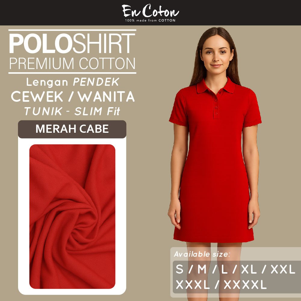 ENCOTON Kaos Kerah Polo Dress Tunik Terusan Wanita Cewek MERAH CABE Tangan lengan pendek